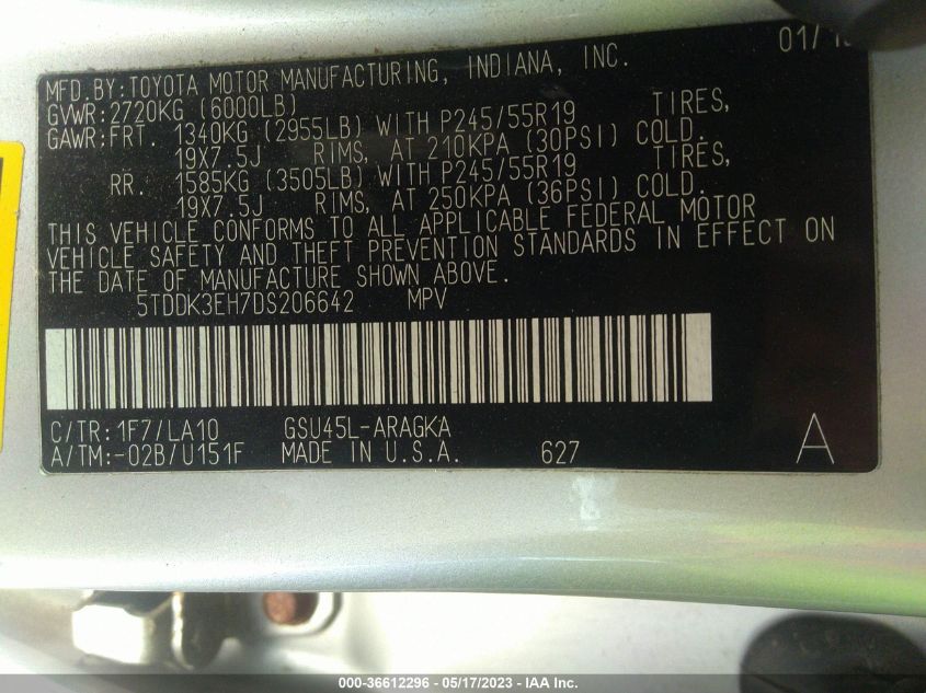 2013 TOYOTA HIGHLANDER LIMITED - 5TDDK3EH7DS206642
