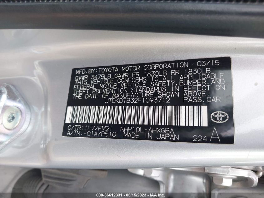2015 TOYOTA PRIUS C ONE/TWO/THREE/FOUR - JTDKDTB32F1093712