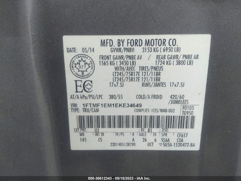 2014 FORD F-150 XL/XLT/STX - 1FTMF1EM1EKE34649