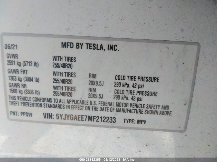 2021 TESLA MODEL Y LONG RANGE - 5YJYGAEE7MF212233