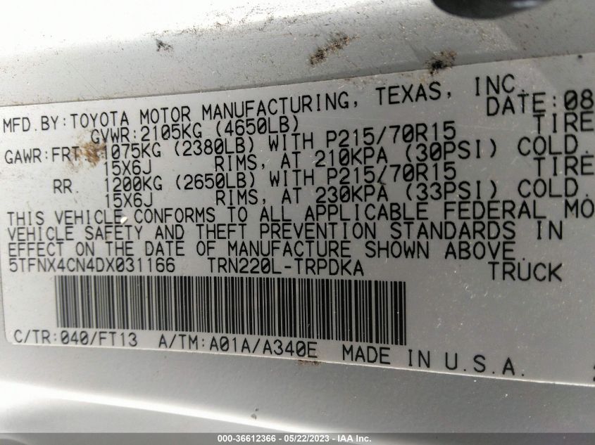 2013 TOYOTA TACOMA - 5TFNX4CN4DX031166