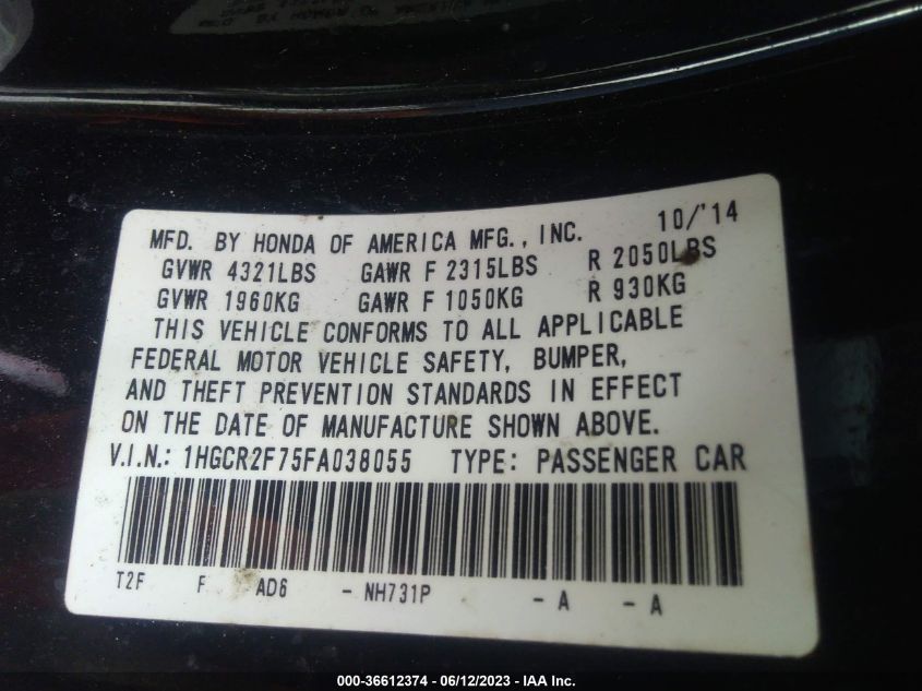 2015 HONDA ACCORD SEDAN EX - 1HGCR2F75FA038055
