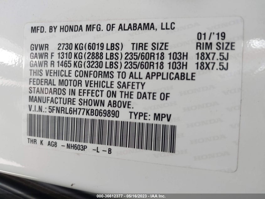 VIN 5FNRL6H77KB069890 2019 HONDA ODYSSEY EX-L