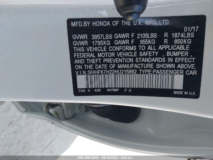 2017 HONDA CIVIC HATCHBACK LX - SHHFK7H22HU215992