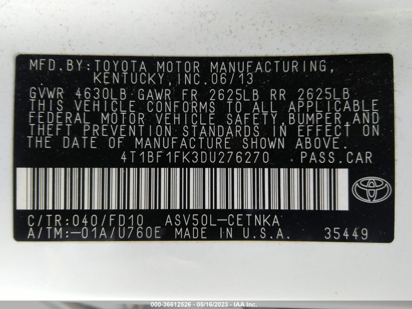 2013 TOYOTA CAMRY L/LE/SE/XLE - 4T1BF1FK3DU276270