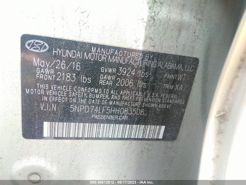 VIN 5NPD74LF5HH083508 2017 HYUNDAI ELANTRA SE