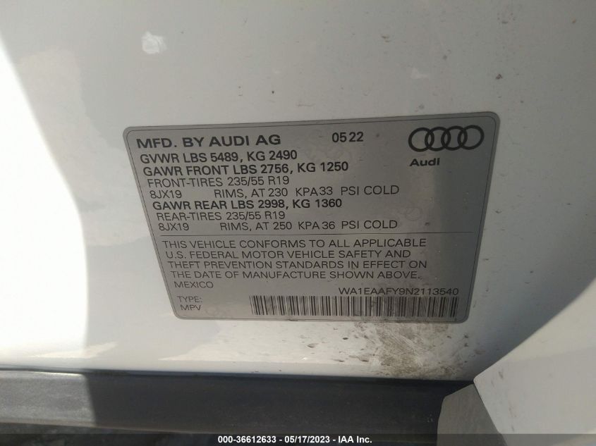 WA1EAAFY9N2113540 2022 AUDI Q5, photo no. 8