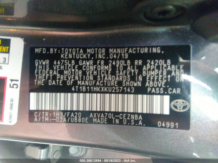 2019 TOYOTA CAMRY LE/SE/XLE/L - 4T1B11HKXKU257143