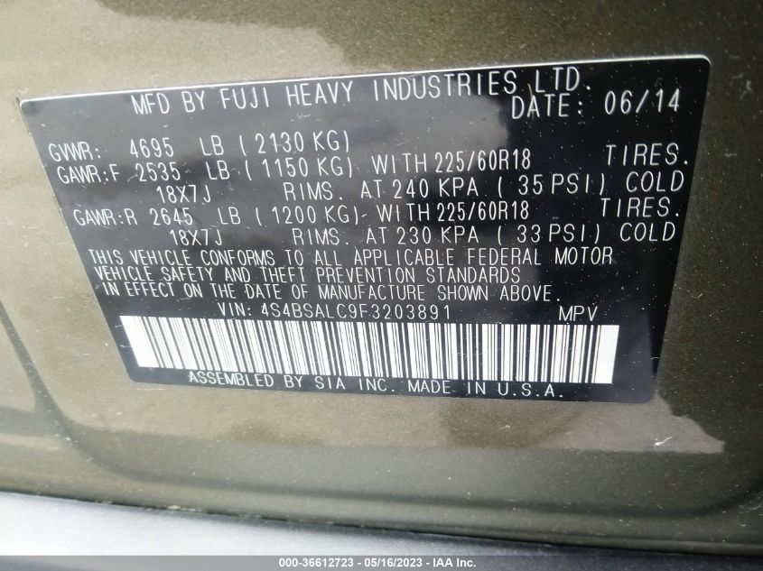 2015 SUBARU OUTBACK 2.5I LIMITED - 4S4BSALC9F3203891