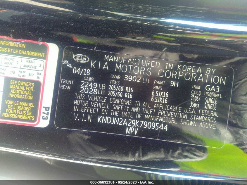 2019 KIA SOUL BASE - KNDJN2A29K7909544