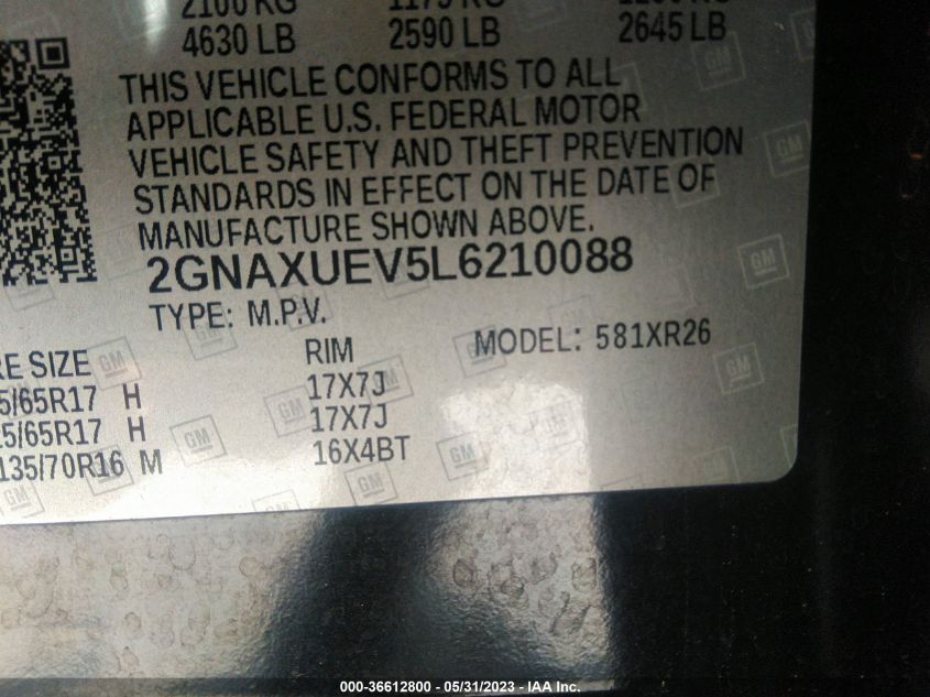 2020 CHEVROLET EQUINOX LT - 2GNAXUEV5L6210088