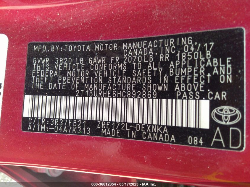 2017 TOYOTA COROLLA L/LE/XLE/SE - 2T1BURHE6HC892869
