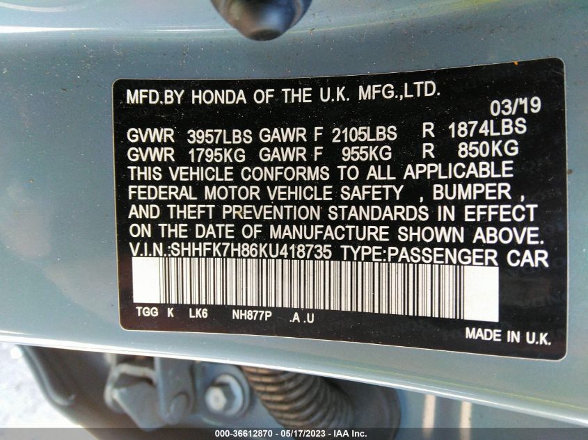 2019 HONDA CIVIC HATCHBACK EX-L NAVI - SHHFK7H86KU418735