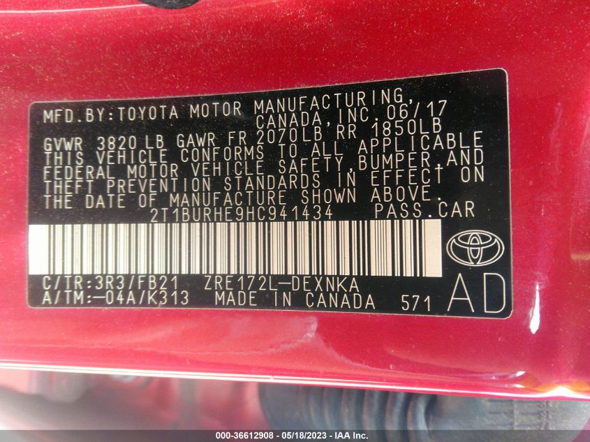 2017 TOYOTA COROLLA LE - 2T1BURHE9HC941434