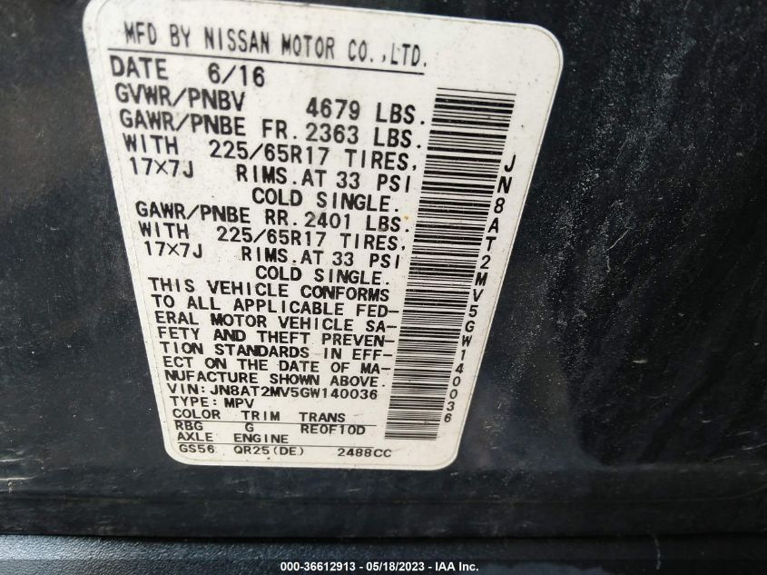 2016 NISSAN ROGUE S - JN8AT2MV5GW140036