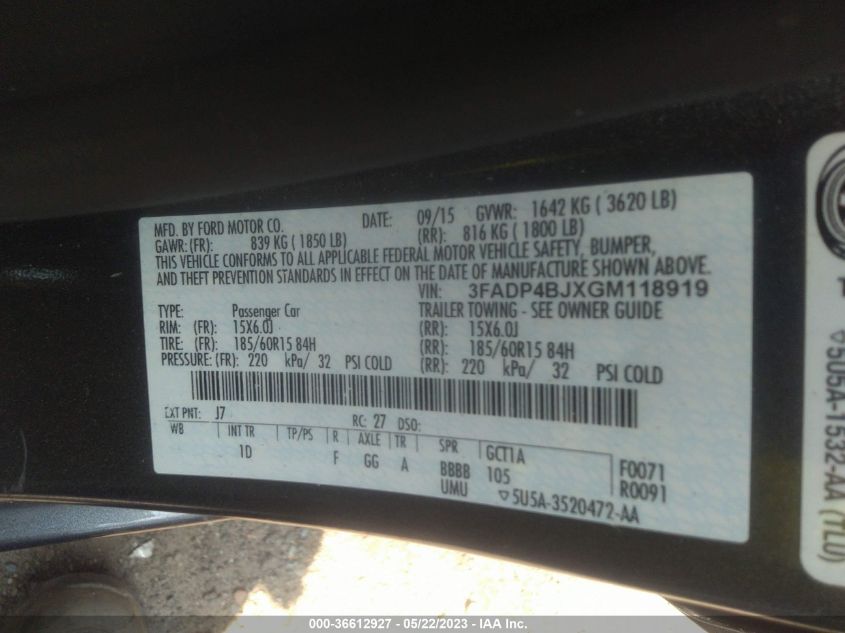 2016 FORD FIESTA SE - 3FADP4BJXGM118919