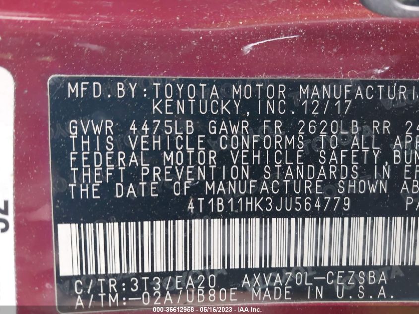 2018 TOYOTA CAMRY LE/SE/XLE/L - 4T1B11HK3JU564779