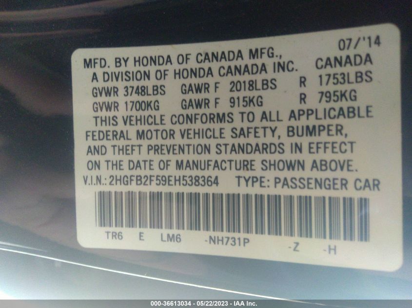2014 HONDA CIVIC SEDAN LX - 2HGFB2F59EH538364