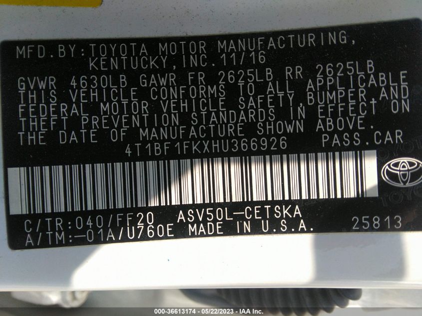 2017 TOYOTA CAMRY XLE/SE/LE/XSE - 4T1BF1FKXHU366926