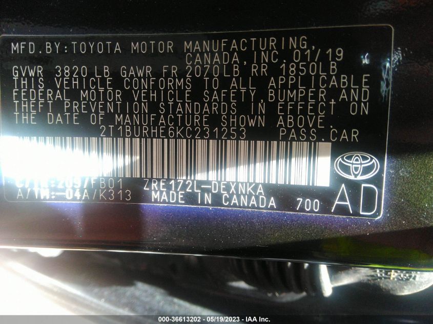 2019 TOYOTA COROLLA LE - 2T1BURHE6KC231253