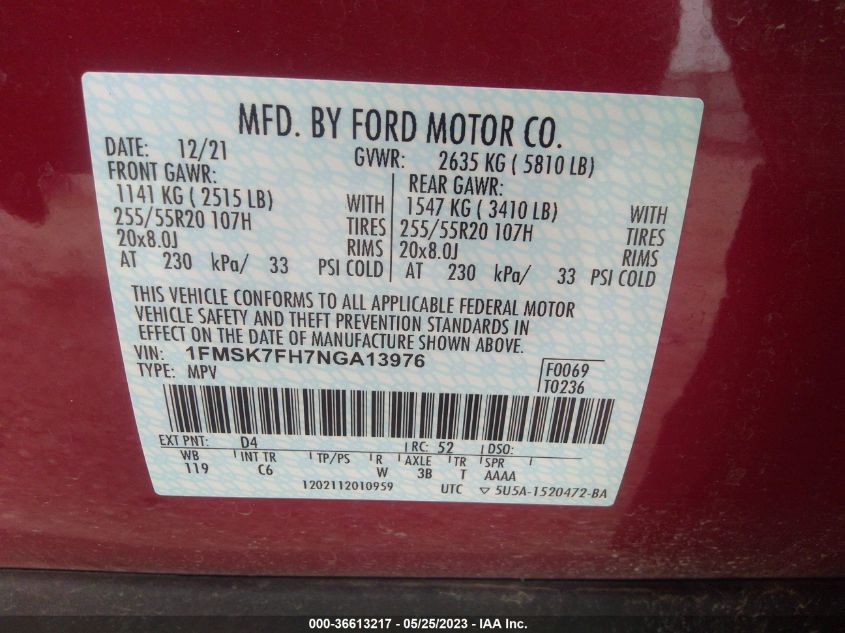 2022 FORD EXPLORER LIMITED - 1FMSK7FH7NGA13976