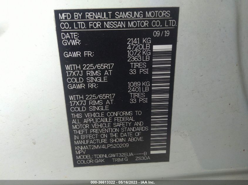 2020 NISSAN ROGUE SV - KNMAT2MV4LP520209
