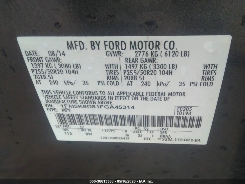 2015 FORD EXPLORER XLT - 1FM5K8D81FGA45314