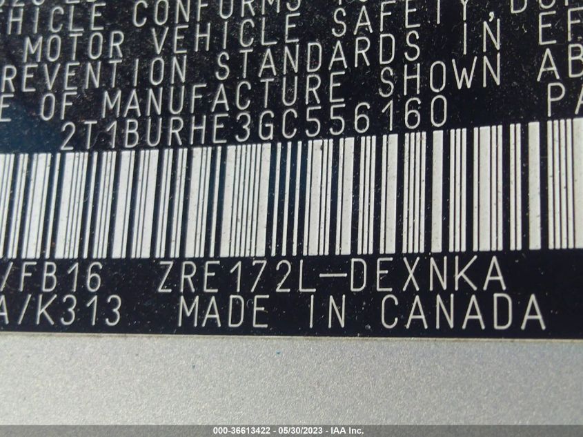2016 TOYOTA COROLLA L/LE/S/S PLUS/LE PLUS - 2T1BURHE3GC556160