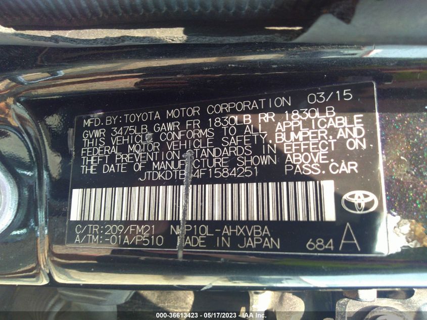 2015 TOYOTA PRIUS C ONE/TWO/THREE/FOUR - JTDKDTB34F1584251