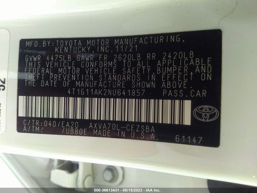 2022 TOYOTA CAMRY SE - 4T1G11AK2NU641857