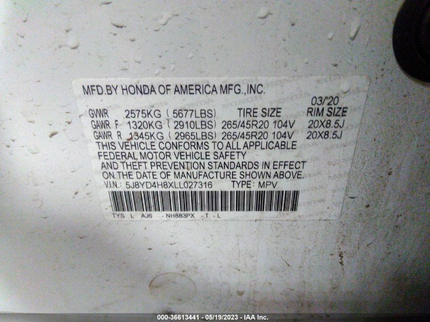 2020 ACURA MDX W/ADVANCE PKG - 5J8YD4H8XLL027316