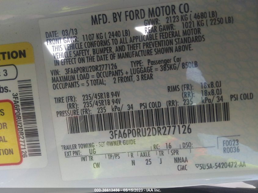 2013 FORD FUSION TITANIUM HYBRID - 3FA6P0RU2DR277126