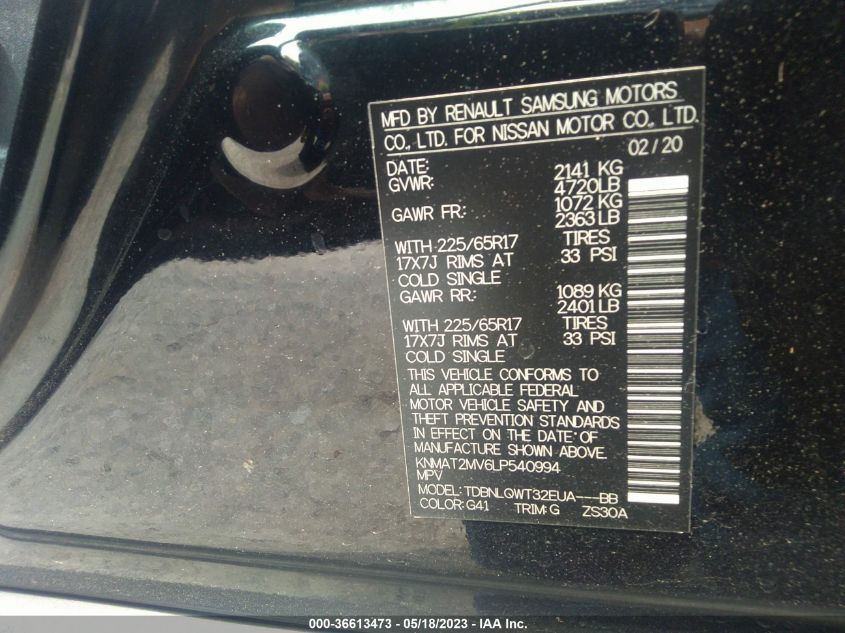 2020 NISSAN ROGUE SV - KNMAT2MV6LP540994