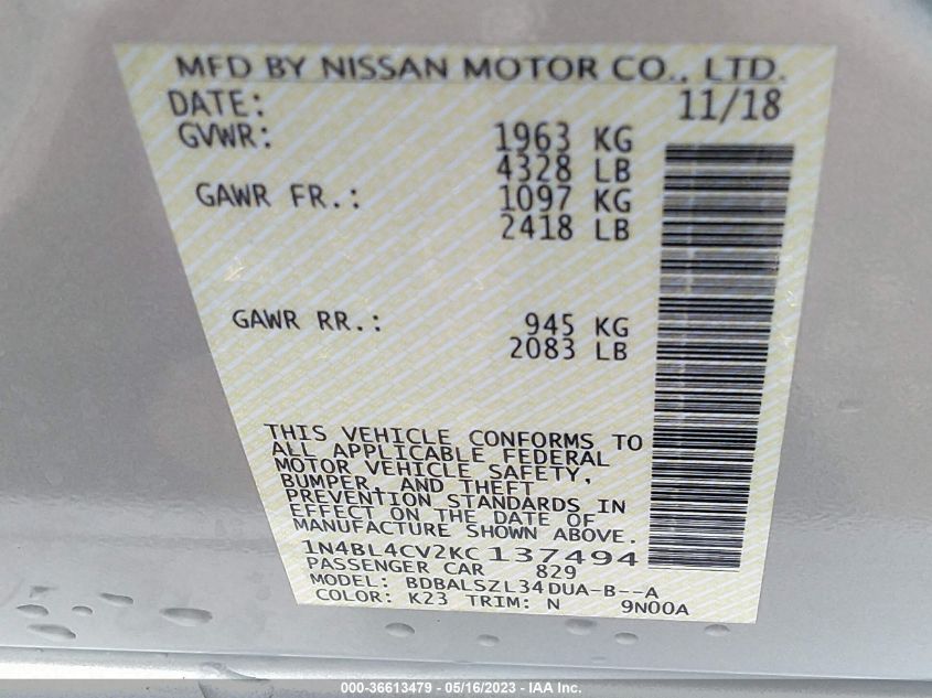 2019 NISSAN ALTIMA 2.5 SR - 1N4BL4CV2KC137494