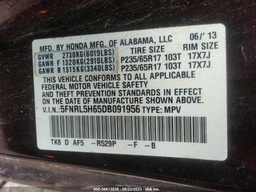 VIN 5FNRL5H65DB091956 2013 HONDA ODYSSEY no.9