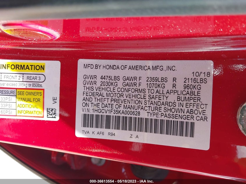 VIN 1HGCV1F35KA000628 2019 HONDA ACCORD SEDAN SPORT 1.5T