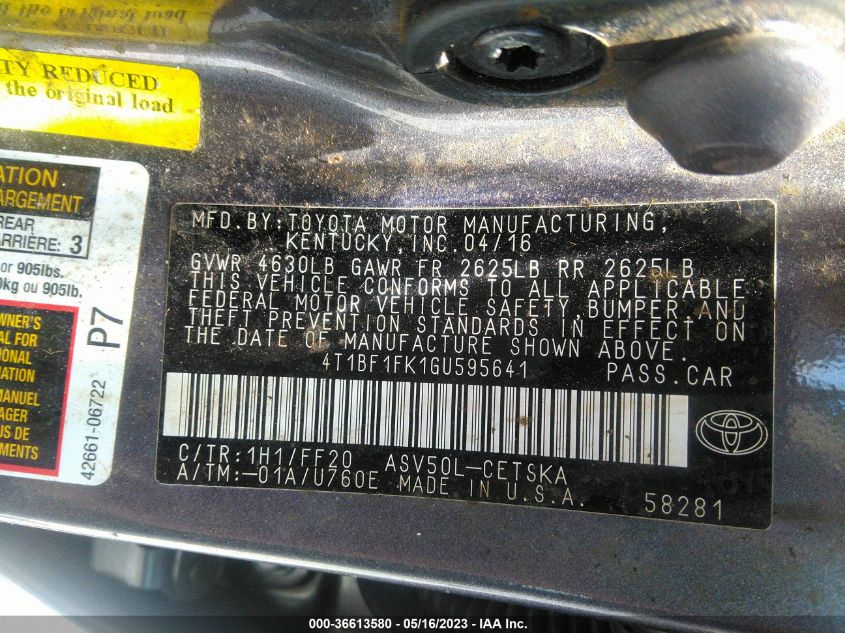 2016 TOYOTA CAMRY XLE/SE/LE/XSE - 4T1BF1FK1GU595641