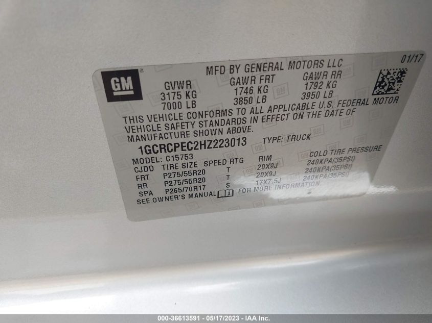 2017 CHEVROLET SILVERADO 1500 CUSTOM - 1GCRCPEC2HZ223013