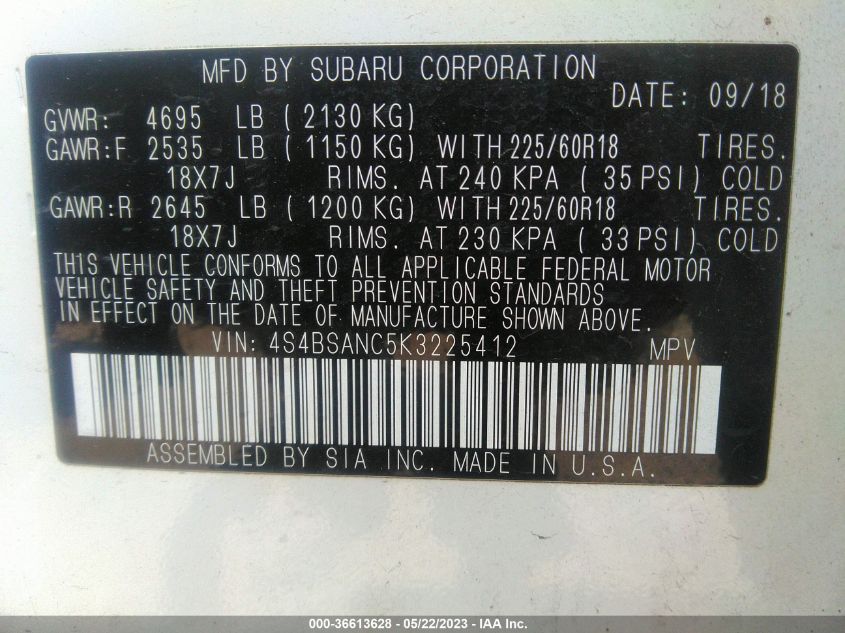 2019 SUBARU OUTBACK LIMITED - 4S4BSANC5K3225412