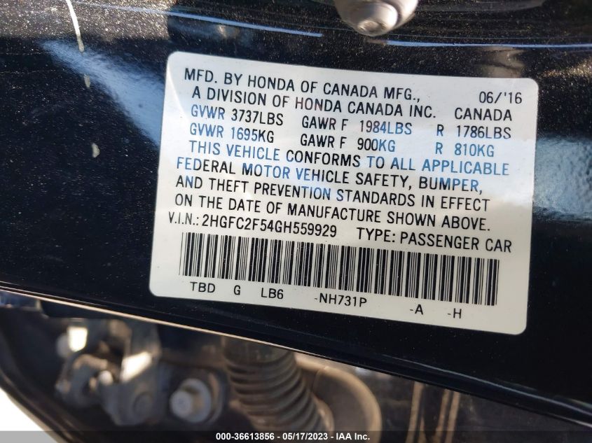 2016 HONDA CIVIC SEDAN LX - 2HGFC2F54GH559929