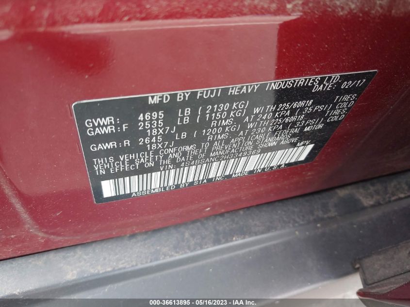 2017 SUBARU OUTBACK LIMITED - 4S4BSANC2H3349369