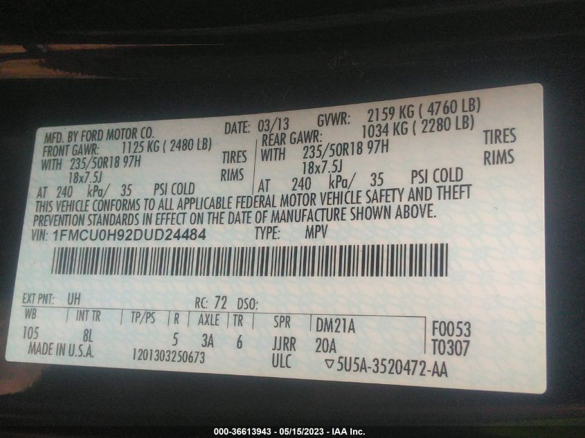 2013 FORD ESCAPE SEL - 1FMCU0H92DUD24484