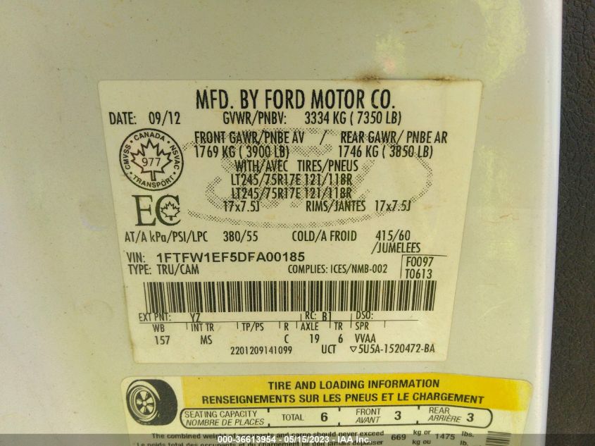2013 FORD F-150 XL/XLT/FX4/LARIAT - 1FTFW1EF5DFA00185