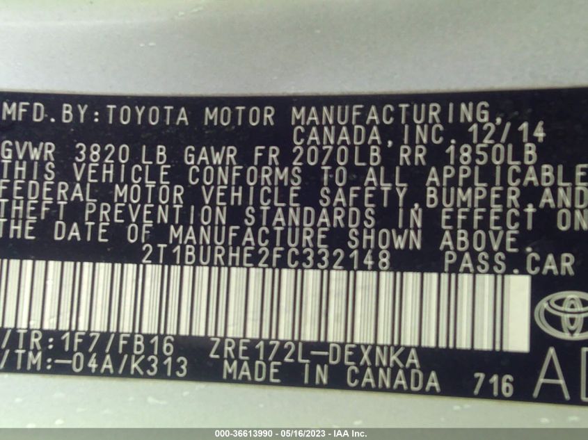 2015 TOYOTA COROLLA L/LE/S/S PLUS/LE PLUS - 2T1BURHE2FC332148
