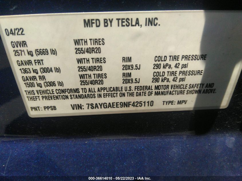 2022 TESLA MODEL Y LONG RANGE - 7SAYGAEE9NF425110