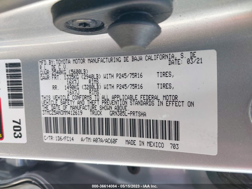 VIN 3TMCZ5AN3MM412619 2021 TOYOTA TACOMA 4WD SR/SR5/TRD SPORT