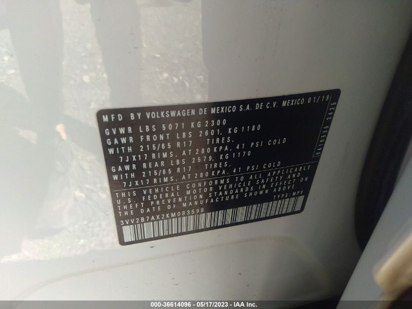 2019 VOLKSWAGEN TIGUAN SE/SEL/SEL R-LINE - 3VV2B7AX2KM083598