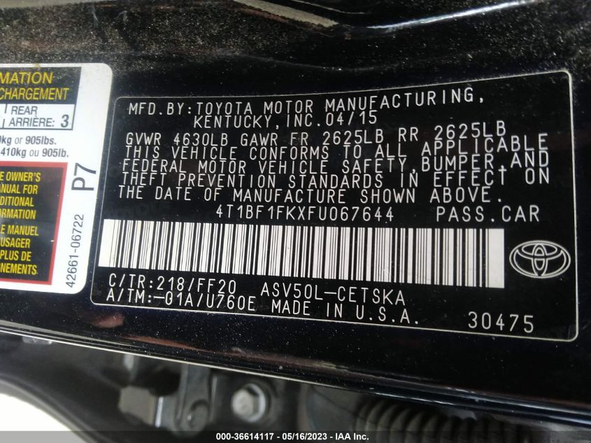 2015 TOYOTA CAMRY SE - 4T1BF1FKXFU067644