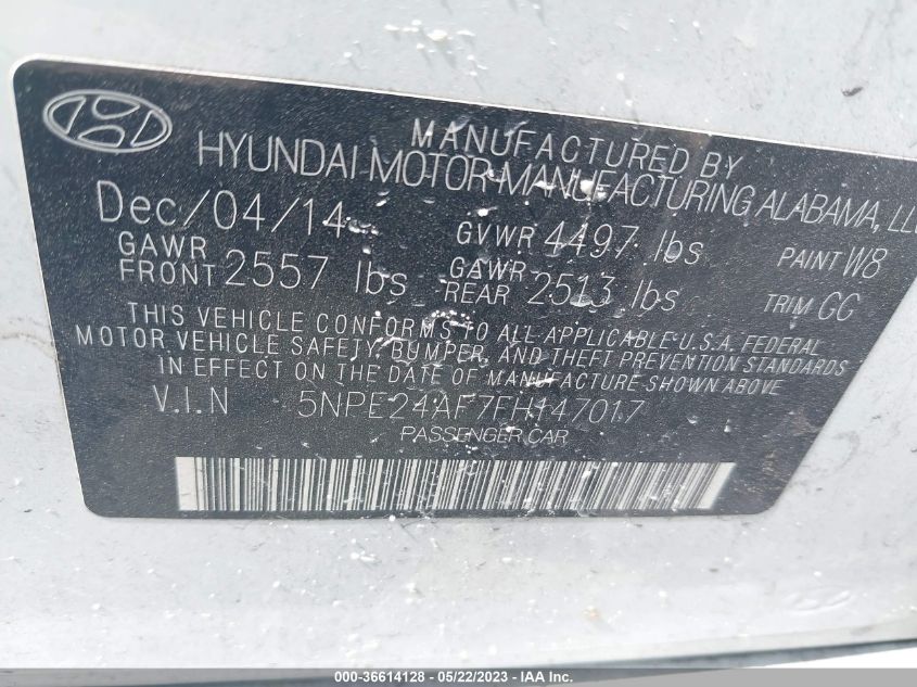 2015 HYUNDAI SONATA 2.4L SE - 5NPE24AF7FH147017