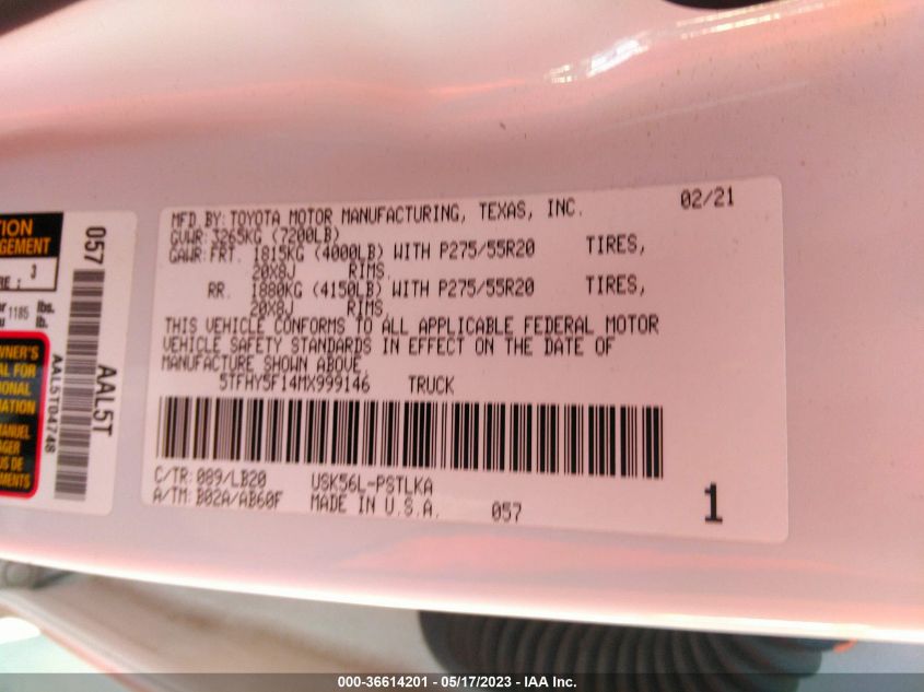 2021 TOYOTA TUNDRA 4WD LIMITED - 5TFHY5F14MX999146